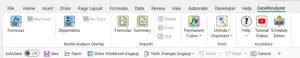 ExcelAnalyzer ribbon tab showing Formulas, Dependents, Reports, and Tools groups