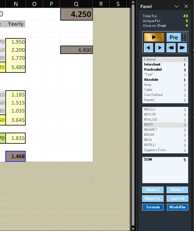 ExcelAnalyzer Panel next to the Formulas overlay, counting hardcoded values, intersheet links, absolute references and error types