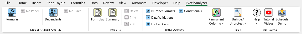 ExcelAnalyzer add-in ribbon in Microsoft Excel showing Model Analysis Overlay, Reports, Extra Overlays, Tools and Assistance