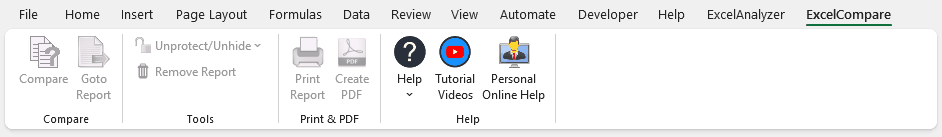 ExcelCompare add-in ribbon in Microsoft Excel showing Compare, Tools, Print and PDF, and Help groups
